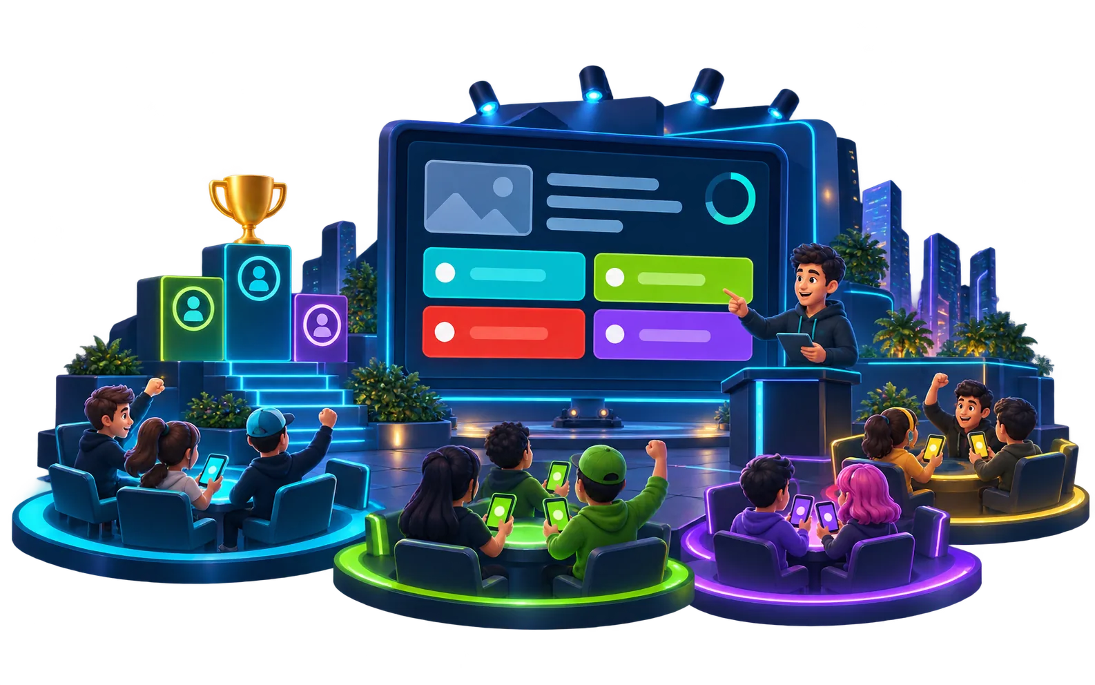 Prowadzący prezentuje quiz na ekranie, a uczestnicy odpowiadają na telefonach.